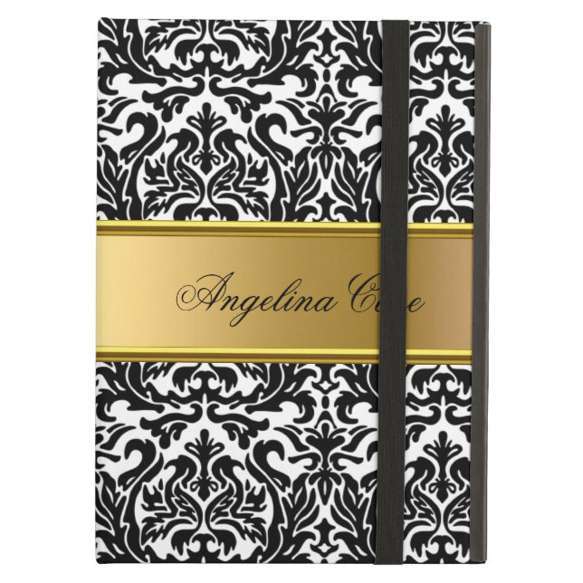 Elegant Case black white Damask Gold add Name (Front Closed)
