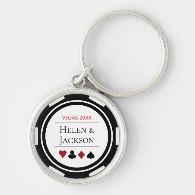 Elegant Casino Poker Chip Black White Wedding Key Ring (Front)