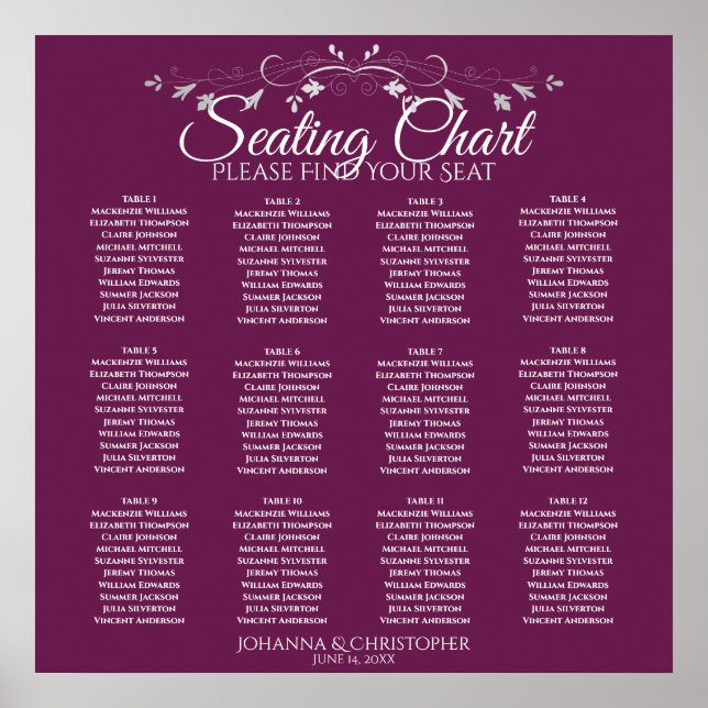 Elegant Cassis 12 Table Wedding Seating Chart (Front)