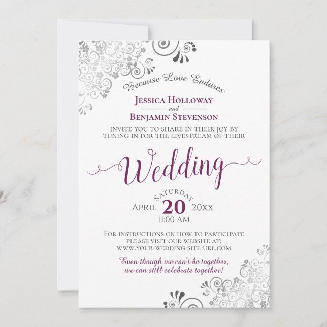 Elegant Cassis on White Wedding Livestream Invitation (Front)