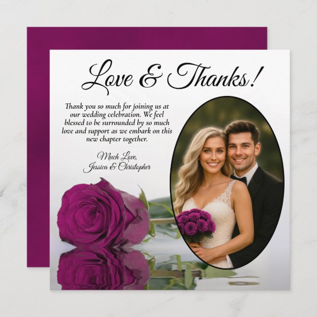 Elegant Cassis or Magenta Rose Oval Photo Wedding Thank You Card (Front/Back)