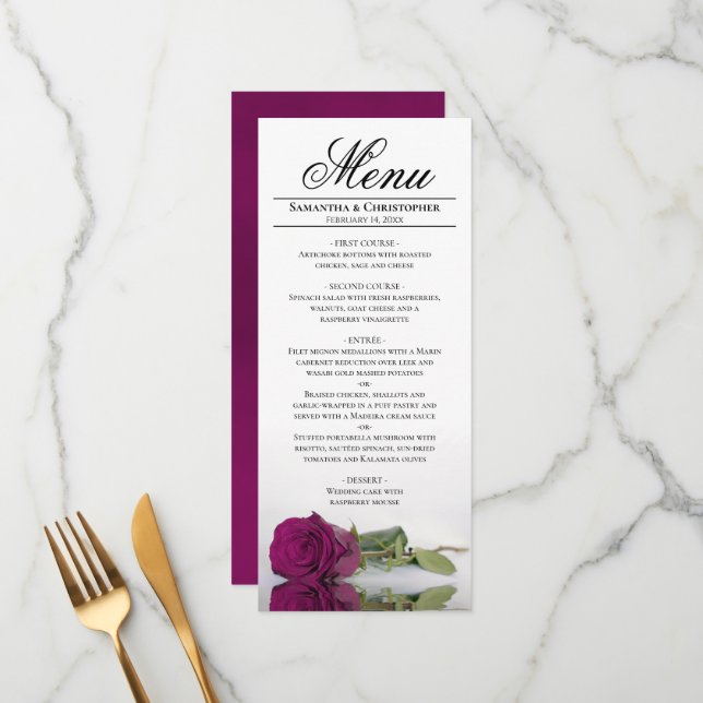 Elegant Cassis or Magenta Rose Reflections Wedding Menu (Front/Back In Situ)