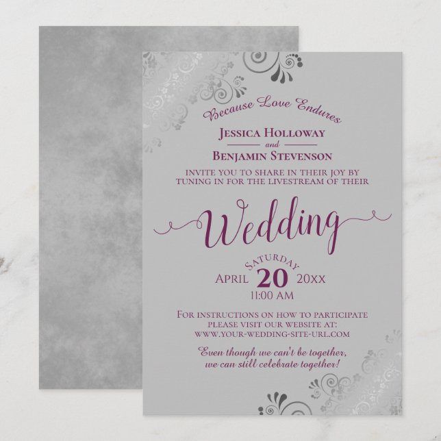 Elegant Cassis Purple on Grey Wedding Livestream Invitation (Front/Back)