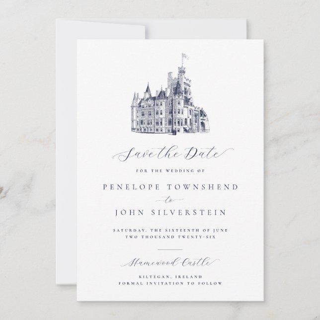 Elegant Castle Illustration Formal Wedding  Save The Date (Front)