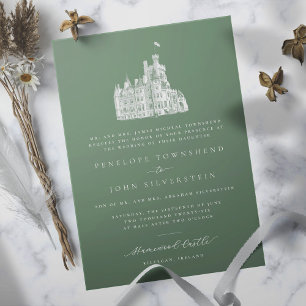 Elegant Castle Illustration Green Formal Wedding  Invitation