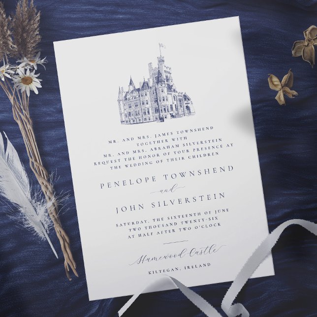 Elegant Castle Illustration Parents Host Wedding Invitation (In Situ. Wedding invitation w/ vintage castle illustration, text denotes that both parents hosting)