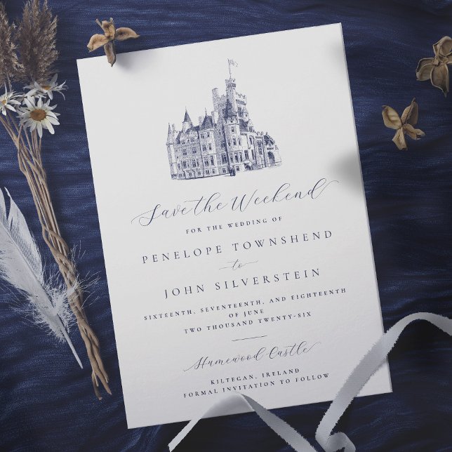 Elegant Castle Illustration Weekend Wedding  Save The Date (Save the Weekend elegant card with vintage illustration of a castle)
