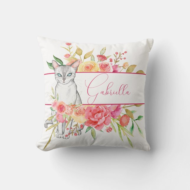 Elegant Cat and Garden Flowers Throw Pillow (Front)