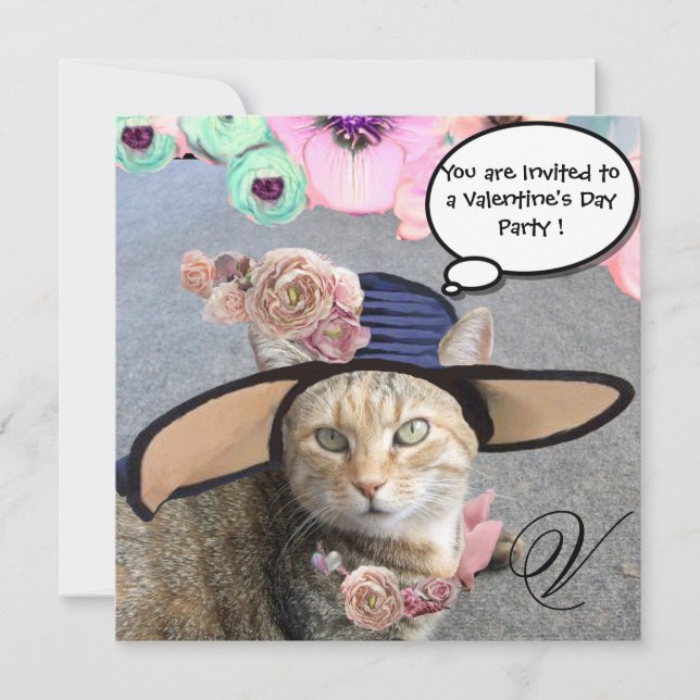 ELEGANT CAT,BIG DIVA HAT AND ROSES VALENTINE PARTY INVITATION (Front)