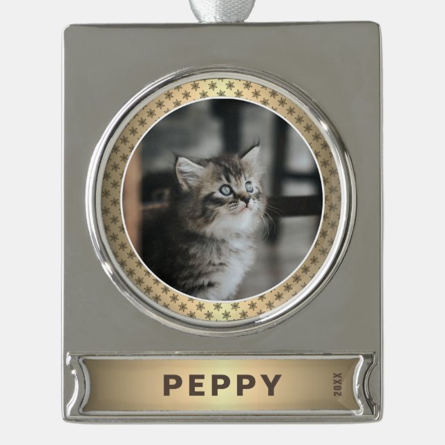 Elegant Cat Photo Golden Metallic Christmas Silver Plated Banner Ornament (Front)