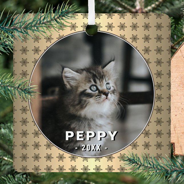 Elegant Cat Photo Golden Snowflakes Christmas  Metal Tree Decoration (Creator Uploaded)