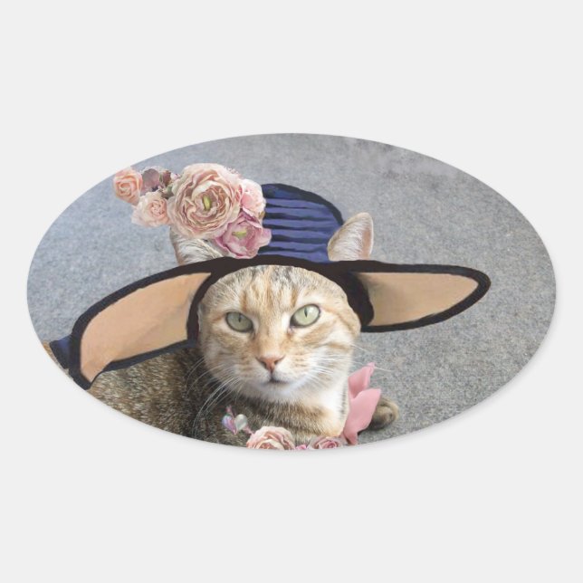 ELEGANT CAT WITH BIG DIVA HAT,PINK ROSES Valentine Oval Sticker (Front)