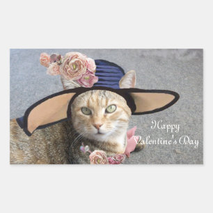 ELEGANT CAT WITH BIG DIVA HAT,PINK ROSES Valentine Rectangular Sticker