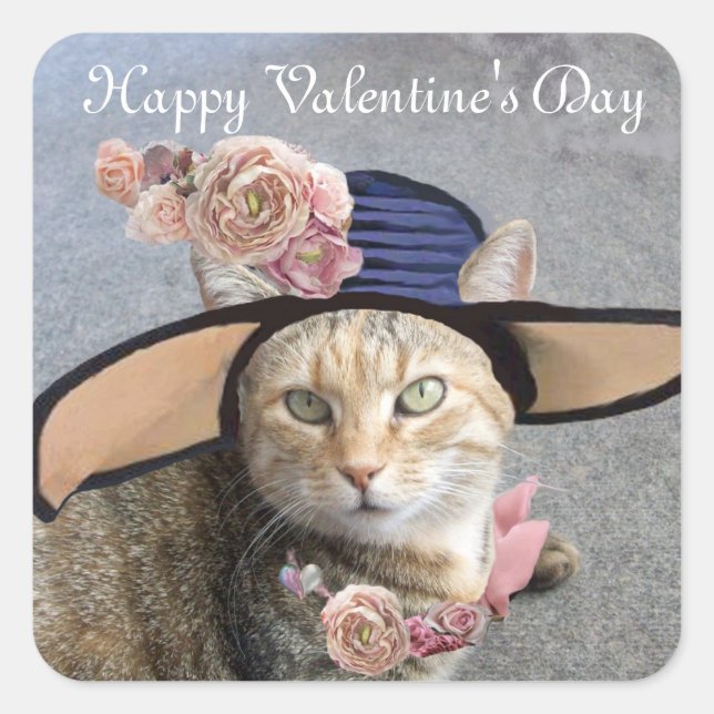 ELEGANT CAT WITH BIG DIVA HAT,PINK ROSES Valentine Square Sticker (Front)
