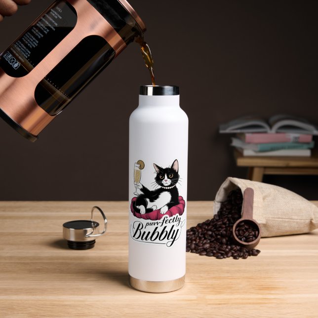 Elegant Cat with French 75 Cocktail – Classy & Sas Water Bottle (Coffee (Rotated))