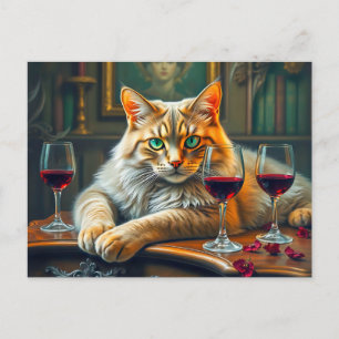 Elegant Cat with Red Wine Glasses Postcard