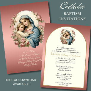 Elegant Catholic Baptism Mary Blue Floral  Invitation