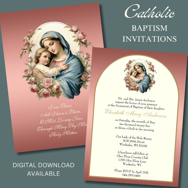 Elegant Catholic Baptism Mary Blue Floral  Invitation (Creator Uploaded)