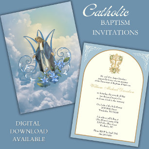 Elegant Catholic Baptism Mary Blue Floral  Invitation