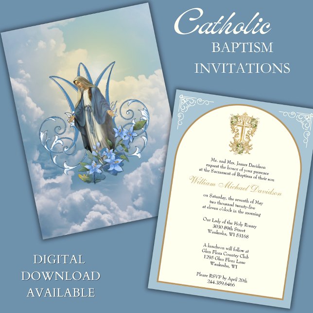 Elegant Catholic Baptism Mary Blue Floral  Invitation (Creator Uploaded)