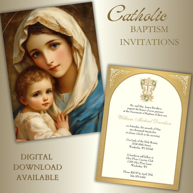 Elegant Catholic Baptism Mary Jesus Gold  Invitation (Creator Uploaded)