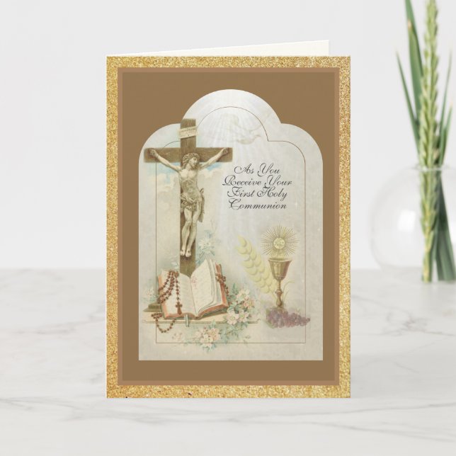 Elegant Catholic First Holy Communion Prayer Card (Front)