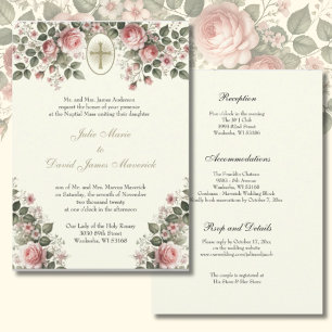 Elegant Catholic Floral Wedding and Reception  Invitation