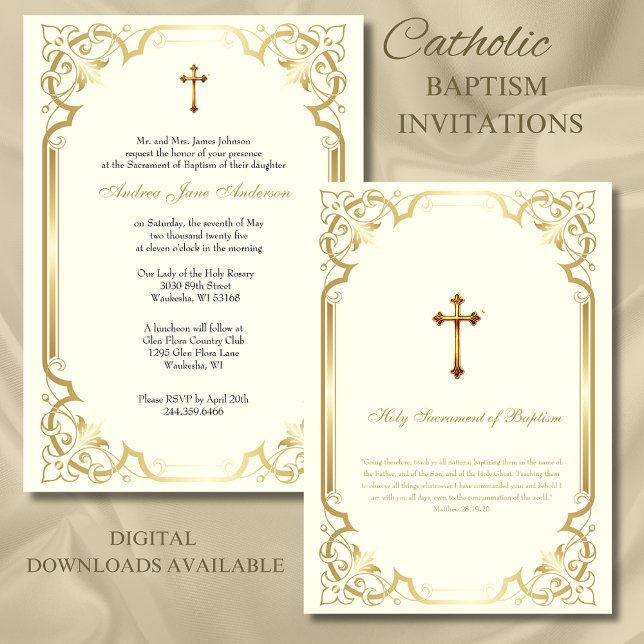 Elegant Catholic Gold Baptism Christening  Invitation (Creator Uploaded)