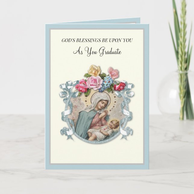 Elegant Catholic Graduation Virgin Mary Roses Card (Front)
