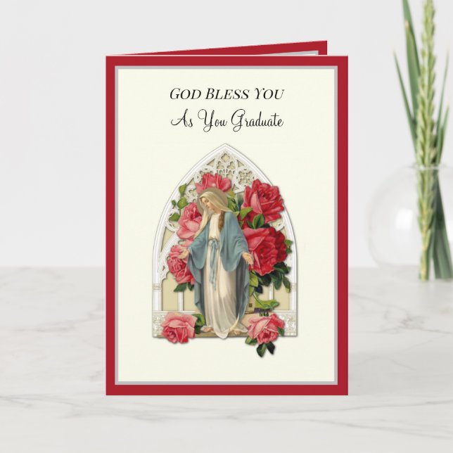 Elegant Catholic Graduation Virgin Mary Roses Card (Front)