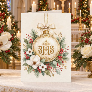 Elegant Catholic IHS Christmas Card, Gold Ornament Holiday Card