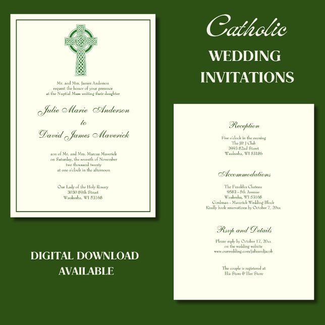 Elegant Catholic Irish Celtic Cross Ivory Wedding Invitation (Creator Uploaded)