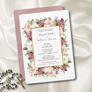 Elegant Catholic Mass Mauve Pink Florals Wedding Invitation