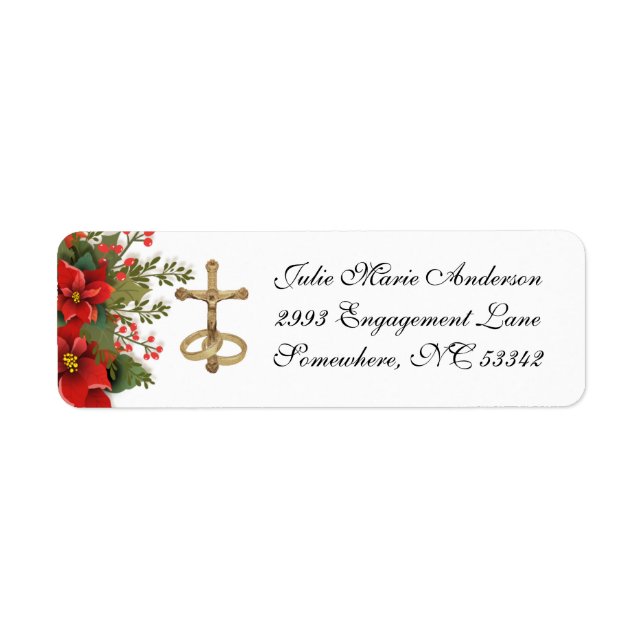 Elegant Catholic Poinsettia Wedding Return Address Label (Front)