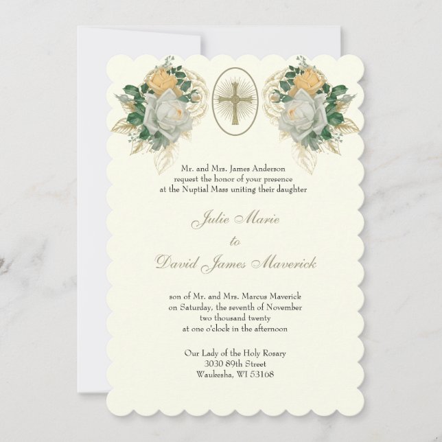 Elegant Catholic Roses Wedding and Reception  Invitation (Front)