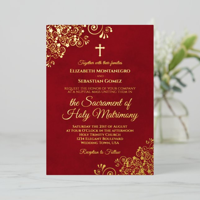 Elegant Catholic Wedding Crimson Red & Gold (Standing Front)