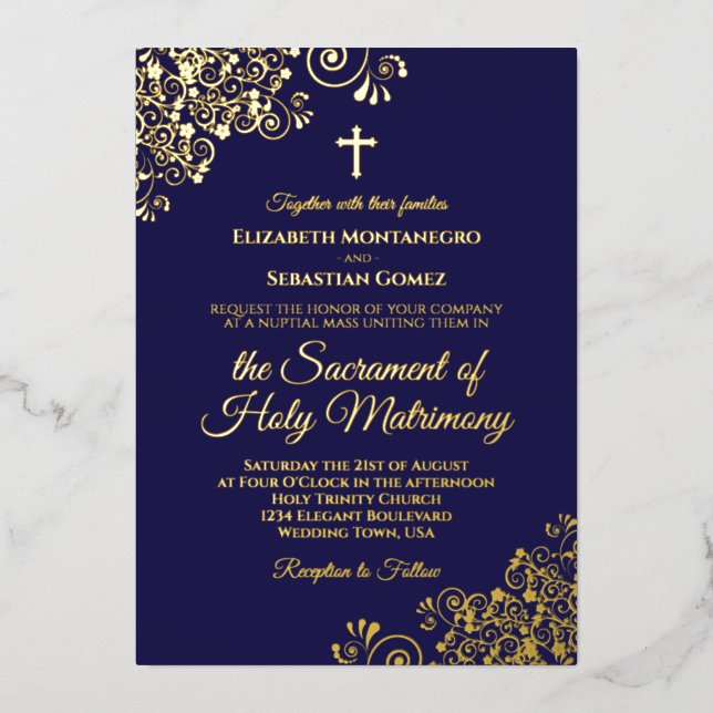 Elegant Catholic Wedding Navy Blue & Gold (Front)