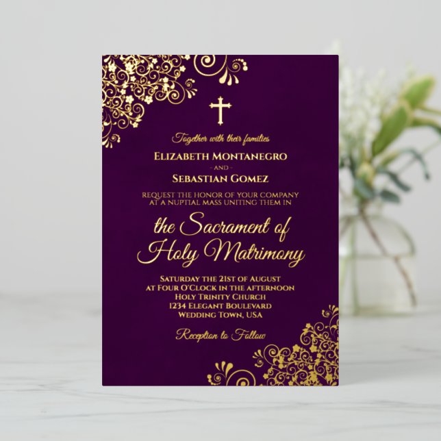 Elegant Catholic Wedding Plum Purple & Gold (Standing Front)