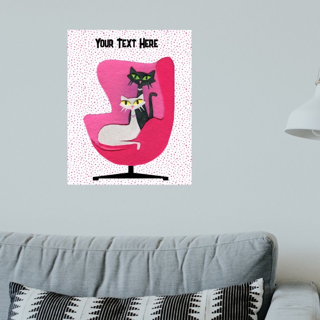 Elegant Cats Diamond Collars in Pink chair Dots Poster (Elegant cats diamond collars in mid century pink chair on white with pink dots artwork poster.)