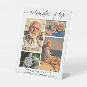 Elegant Celebration of Life 4 Photo Collage Script Pedestal Sign