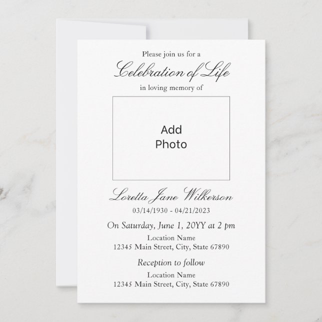 Elegant Celebration of Life Add Photo Invitation (Front)