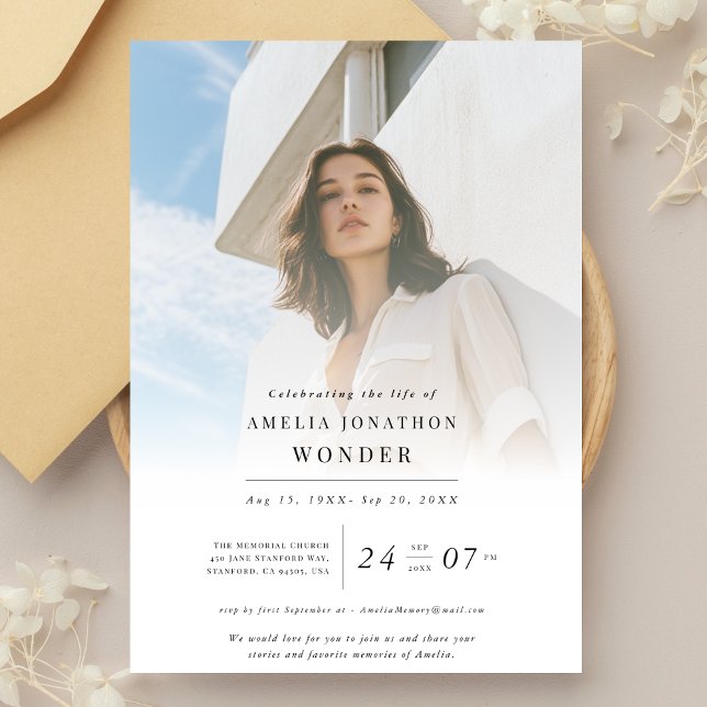 Elegant Celebration of life Funeral Memorial Photo Invitation (Creator Uploaded)