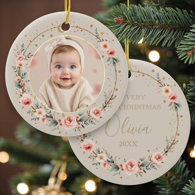 Elegant Celestial 1st Baby First Christmas  Ceramic Ornament (Creator Uploaded)