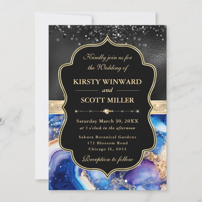 Elegant Celestial Agate Black Glitter Wedding Invitation (Front)