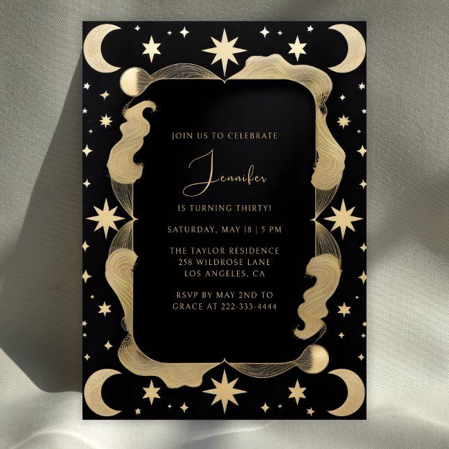 Elegant Celestial Black & Gold Stars 30th Birthday Invitation (Elegant Celestial 30th Birthday Invitation Black & Gold Stars and Moon Party Invite)