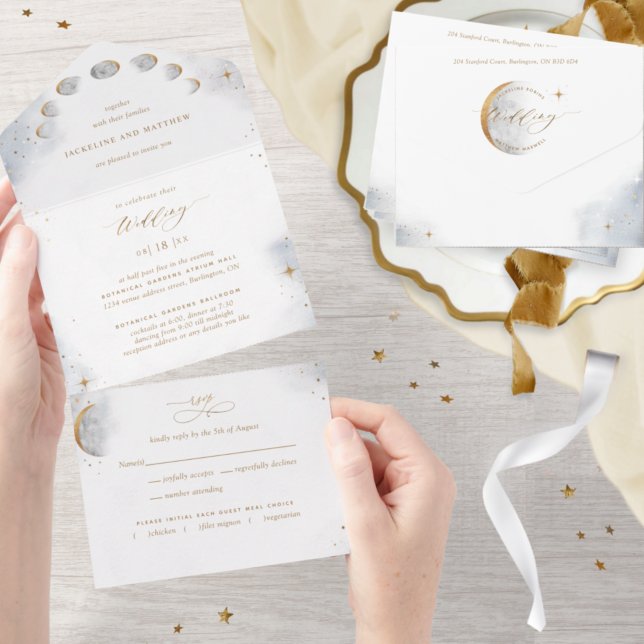 Elegant Celestial Gold Moon and Stars Wedding All In One Invitation (Creator Uploaded)