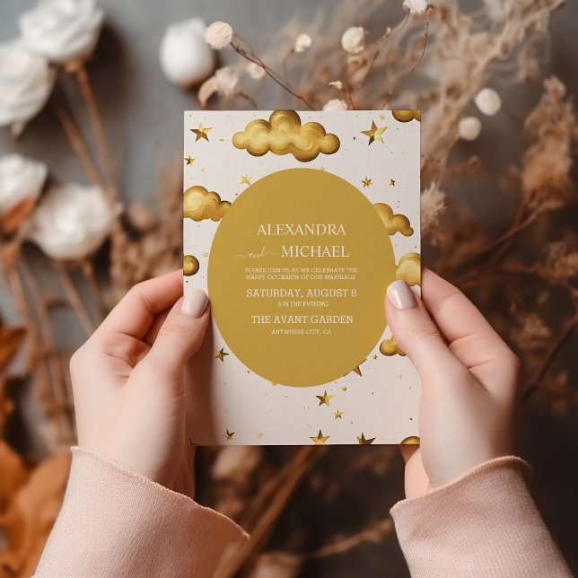 Elegant Celestial Gold Moon and Stars Wedding Invitation (Creator Uploaded)