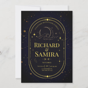 Elegant Celestial Gold Moon Dark Blue Wedding Invitation