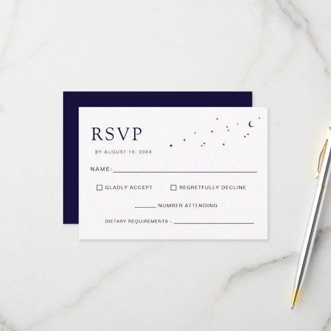Elegant Celestial Midnight Blue Monogram Wedding RSVP Card (Front/Back In Situ)