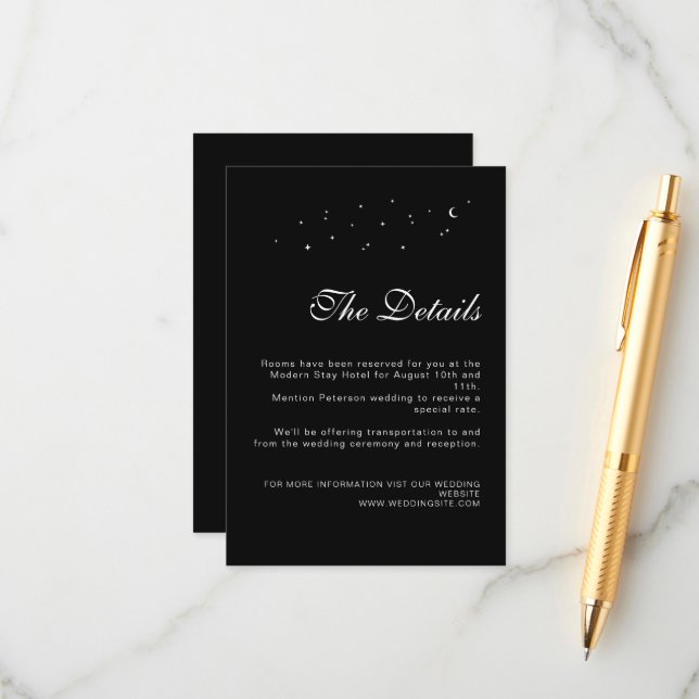 Elegant Celestial Minimal Black Wedding Details Enclosure Card (Front/Back In Situ)